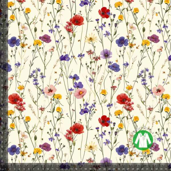 Pastel cornflower - measurement Printed jersey fabric with spring meadow in GOTS-certified cotton and lycra