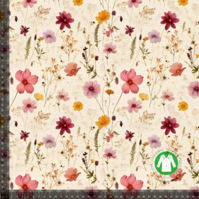 Printed cotton jersey with pink flower field in GOTS-certified cotton jersey