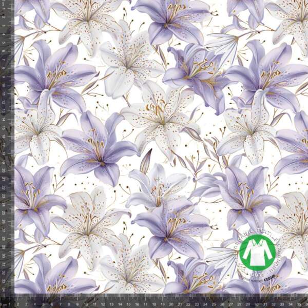 Purppuraliljat - mittaus Jerseyprintti pastellililjoilla, GOTS-sertifioitu puuvilla/lycra-jersey 200 g/m²