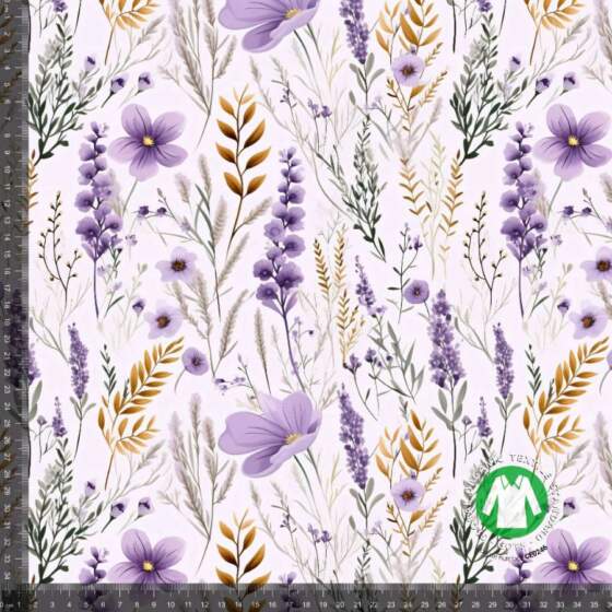 Jerseypainatus violetilla kukkakentällä
