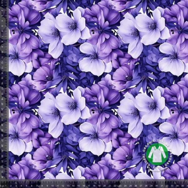 Jersey print with shiny purple flowers