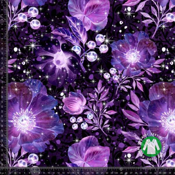 SParkling kukkia-min Jerseyprintti kimaltelevilla kukilla, GOTS, 200 g/m², 150 cm leveä