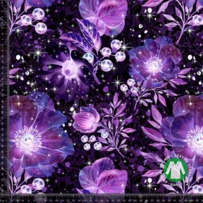 Jersey fabric print with sparkling flowers, GOTS jersey 200 g/m², 150 cm wide
