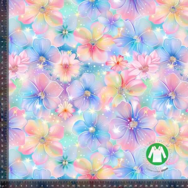Shimmering pastel flowers – measurement-min-min Jersey print med skinnende iridescent blomster