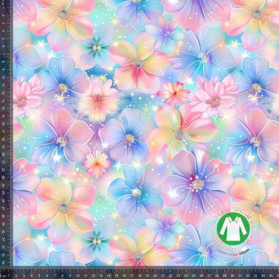 Jersey print med skinnende iridescent blomster