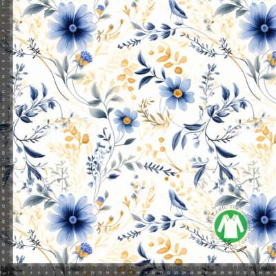 Printed cotton jersey with golden blue spring flowers in digital print on cotton and lycra