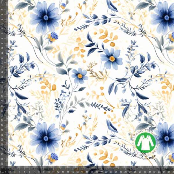 golden blue spring - measurement Printed cotton jersey with golden blue spring flowers in digital print on cotton and lycra