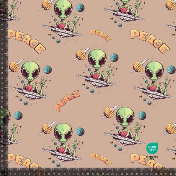 French Terry print med peace aliens 2 i sand, 235 g/m² og 160 cm