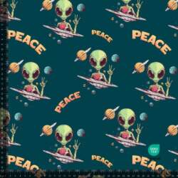 French Terry print med "peace" aliens 2 - petrol