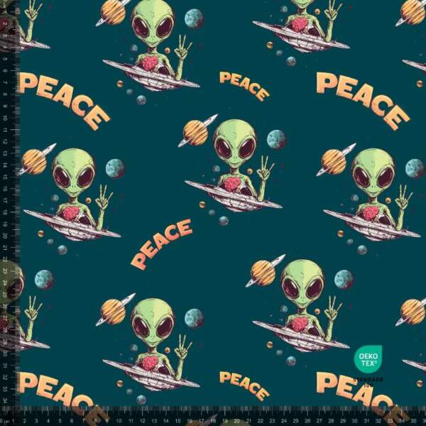 French Terry print med peace aliens 2 i petrol