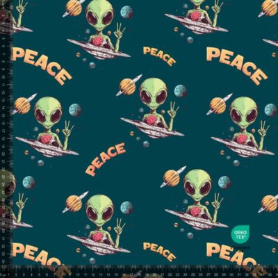 French Terry print med peace aliens 2 i petrol