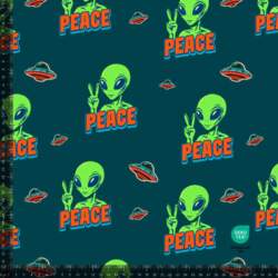 French Terry print with "peace" aliens - petrol