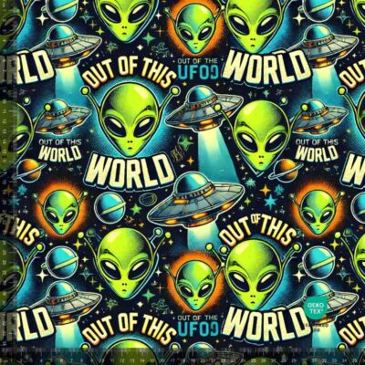 French Terry print med grønne aliens i blå, grøn og sort