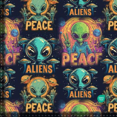 French Terry print med seje aliens på navy bund, 235 g/m²