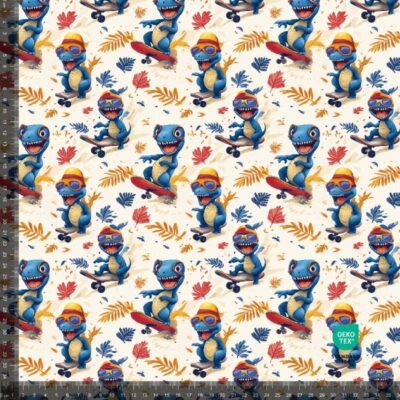 French Terry print med seje skatende dino'er på beige bund