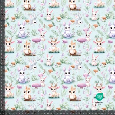 French Terry print med skovens søde dyr 2 i light blue, 235 g/m²
