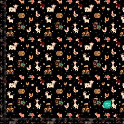 French Terry print med bondegårdstema på sort bund, 235 g/m²