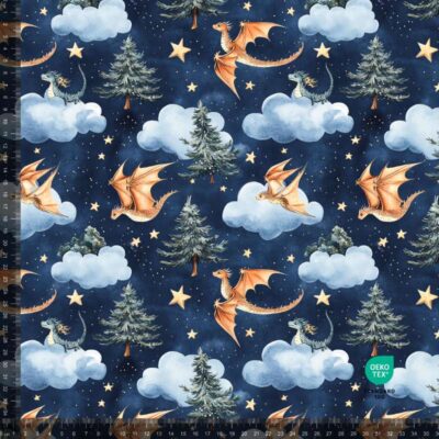 French Terry print with flying dragons on navy base, 235 g/m²