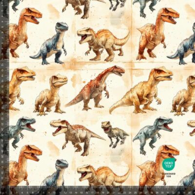 French Terry print with dinosaurs in earth tones, 235 g/m²
