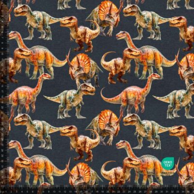 French Terry print med dinosaurer mørk meleret i 235 g/m²