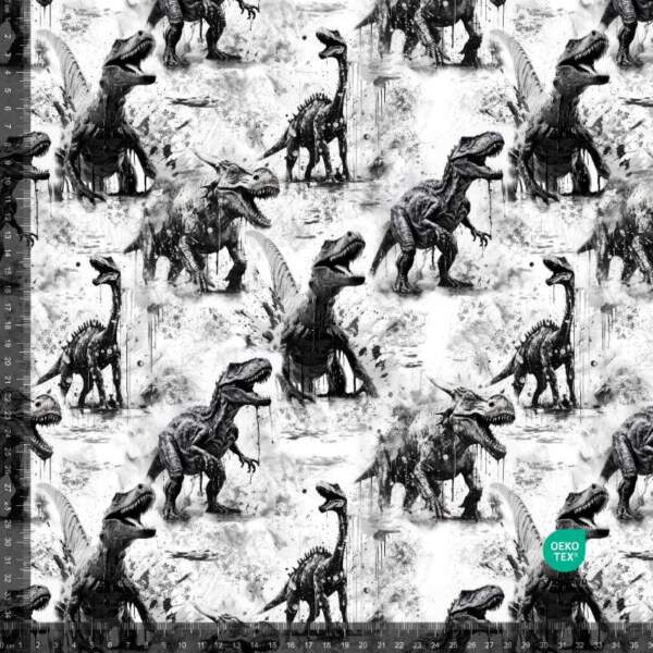 Ranskalainen froteeprintti, jossa on mustavalkoisia dinosauruksia