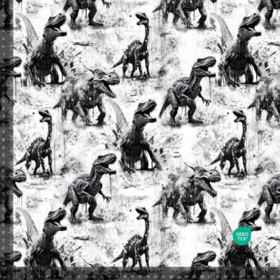 French Terry print with black and white dinosaurs, 235 g/m²