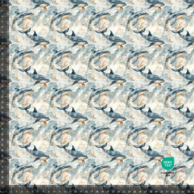 French Terry jersey print med elegante hvaler i blå, 235 g/m² og 160 cm bred