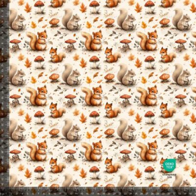 French Terry print med skovens søde dyr på beige bund, 235 g/m² og 160 cm bred