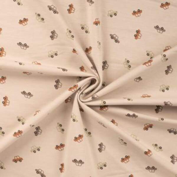 Bomulds jersey print med små biler - Sand / Taupe jersey print design