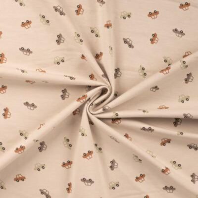 Bomulds jersey print med små biler - Sand / Taupe jersey print design