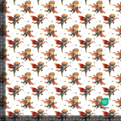 French Terry print med små superhelte på hvid bund, 235 g/m² og 160 cm bred