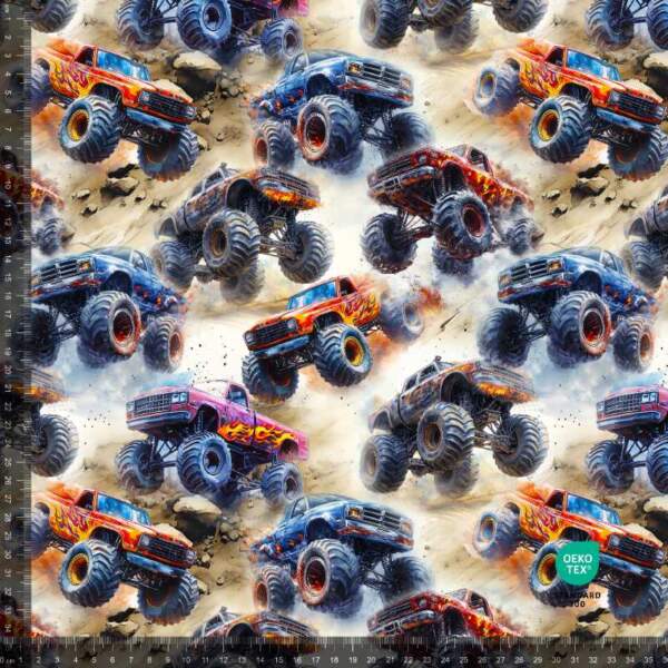 French Terry digiprintti monstertruckeilla 2, monivärinen, 235 g/m²