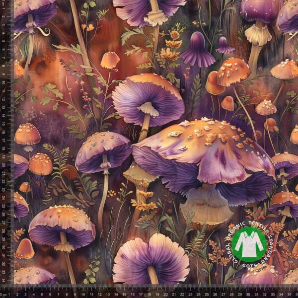 Jerseyprintti violeteilla kärpässienillä digiprinttikankaassa