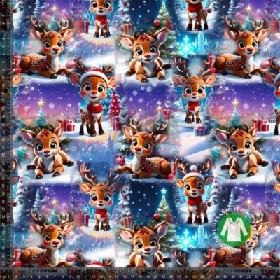 Jersey jule print med Rudolf med gaver - digitalprint jersey stof 220 g/m²
