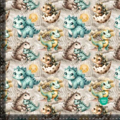 Printed french terry with cute dinosaurs on beige base, 235 g/m²