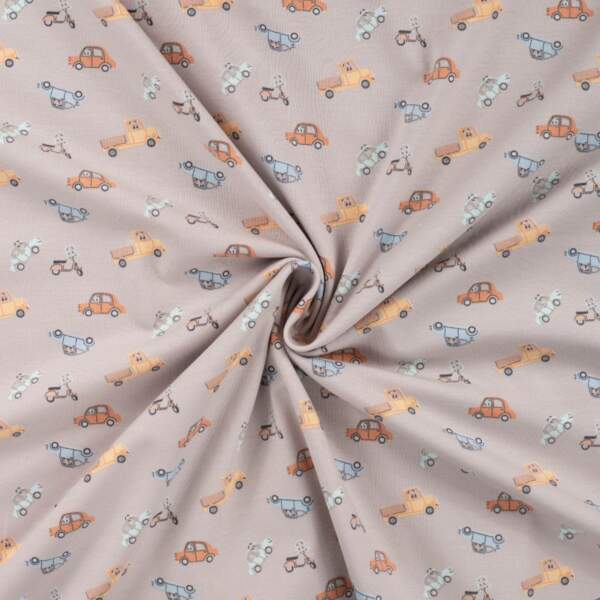 Bomulds jersey print med små traktorer i sand/taupe, digitalprint jersey 200 g/m²