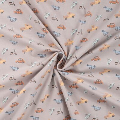 Bomulds jersey print med små traktorer i sand/taupe, digitalprint jersey 200 g/m²