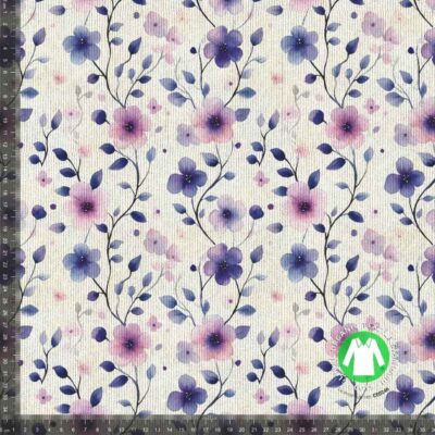 Rib jersey digiprintti eleganteilla kukilla lilana, 240 g/m²
