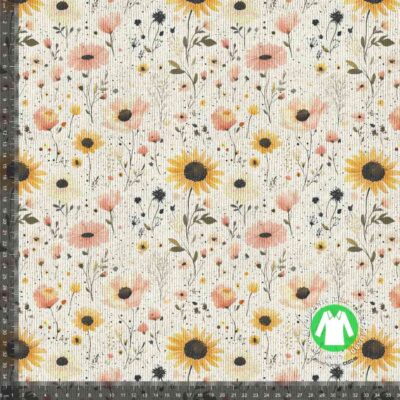 Rib jersey -digiprintti creamy flowers, 240 g/m² ja 35-45 cm leveä (putkineulos)