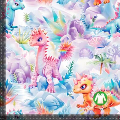 Jersey print med farverige dinoer i digitalprint jersey stof, 220 g/m²