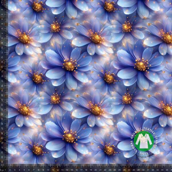 Jersey print med med lysende lilla blomster 3 i digitalprint på bomuld/lycra