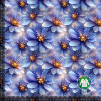 Jersey print med med lysende lilla blomster 3 i digitalprint på bomuld/lycra