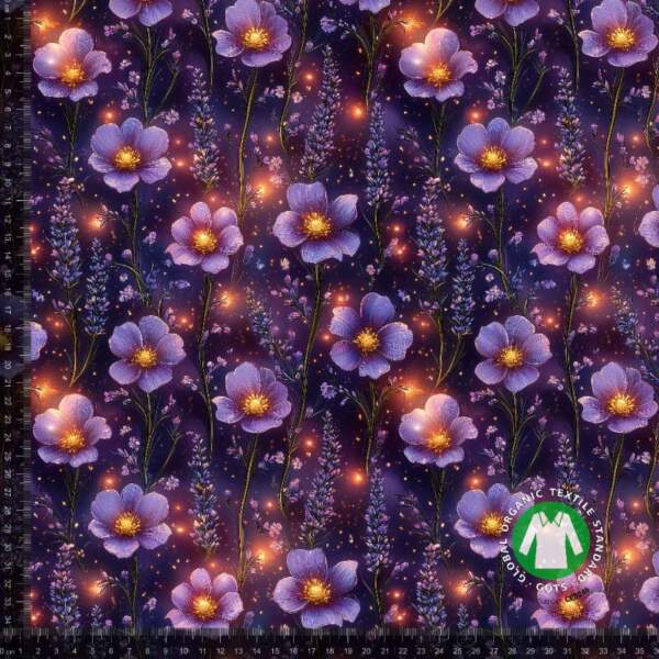Jersey print med lysende lilla blomster digitalprint jersey 220 g/m²