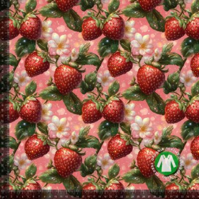 Jersey print med glimtende jordbær i pink og rød – digitalprint jersey 220 g/m²