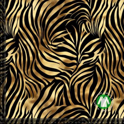 Jersey print med guld zebra i sort og gul – digital print stof 220 g/m²