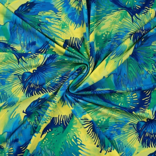 Viscose jersey med abstrakte blade i gul og blå, 220 g/m²