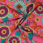 Vævet viscose med abstrakte blomster - lyserød
