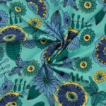Vævet viscose med abstrakte blomster - turkis