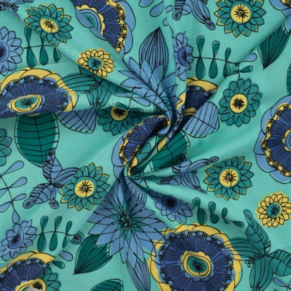 P14011-975_3 Vævet viscose stof med abstrakte blomster i turkis nuancer, 135-140 cm bred