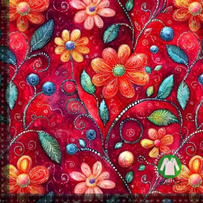 Jersey print med røde broderings blomster i digitalprint på bomuld/lycra